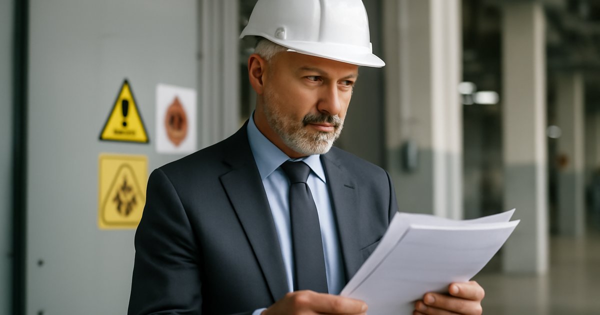 Business owner reviewing toxic exposure compliance documents in commercial facility